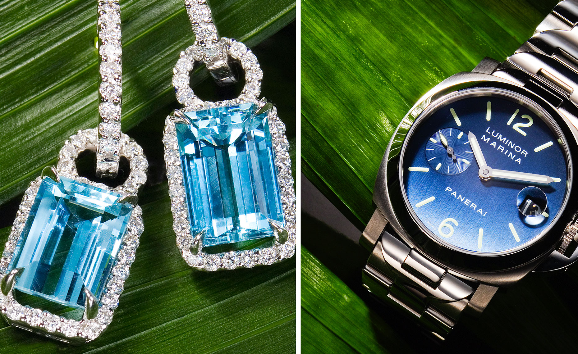 Blue earrings and watches on green grass background