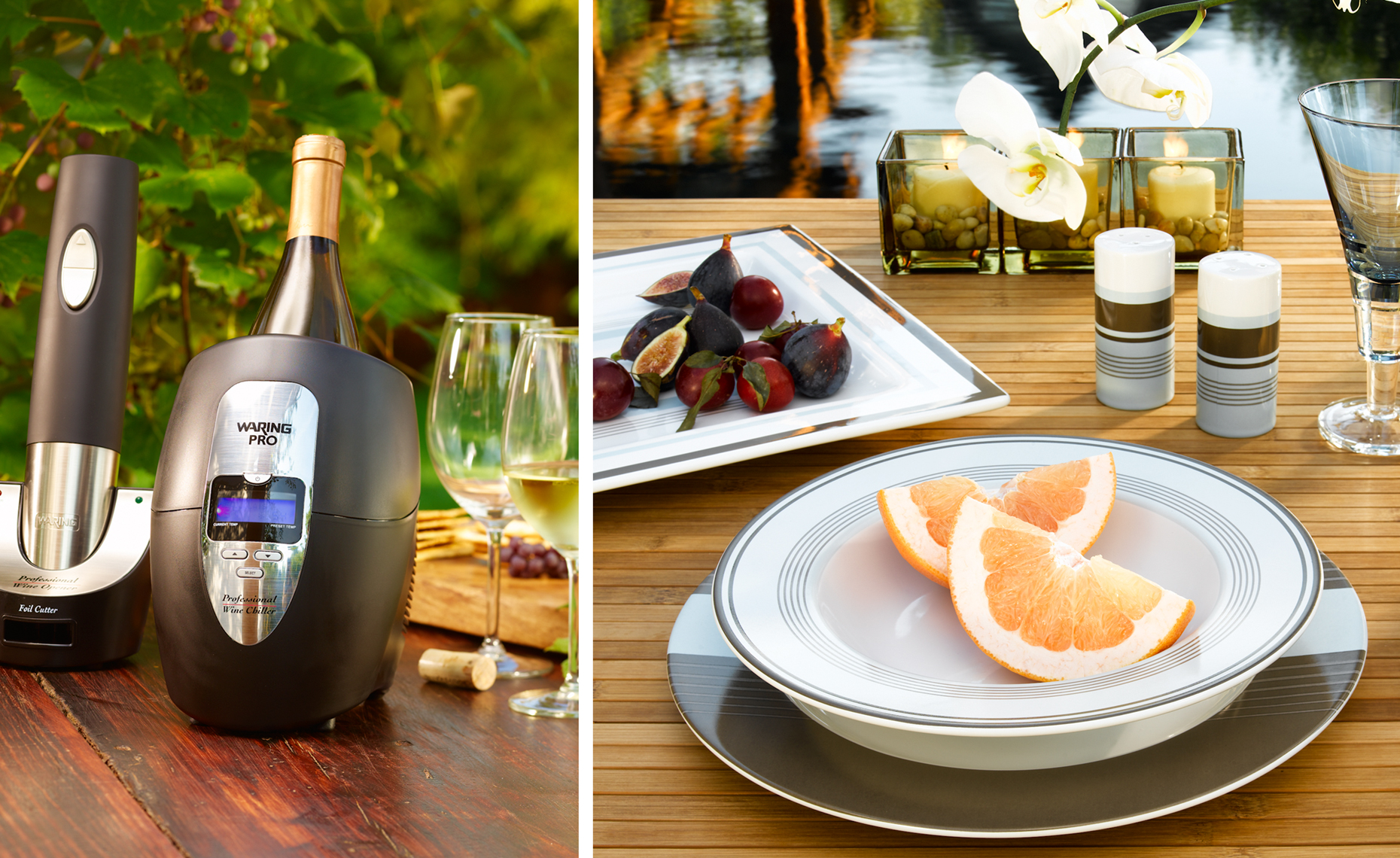 Waring pro wine chiller and backyard pond overlook brunch setup