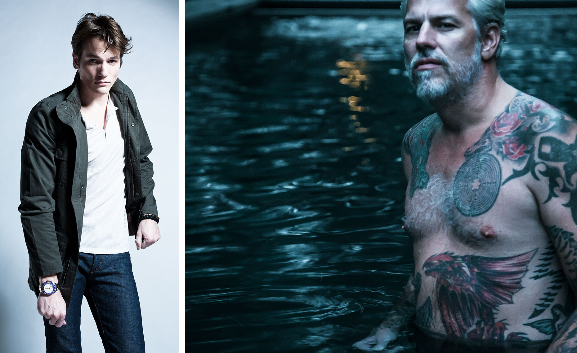 Fashion photo of model colin with dark jacket and watch, as well as heavily tattooed Tom in Pool