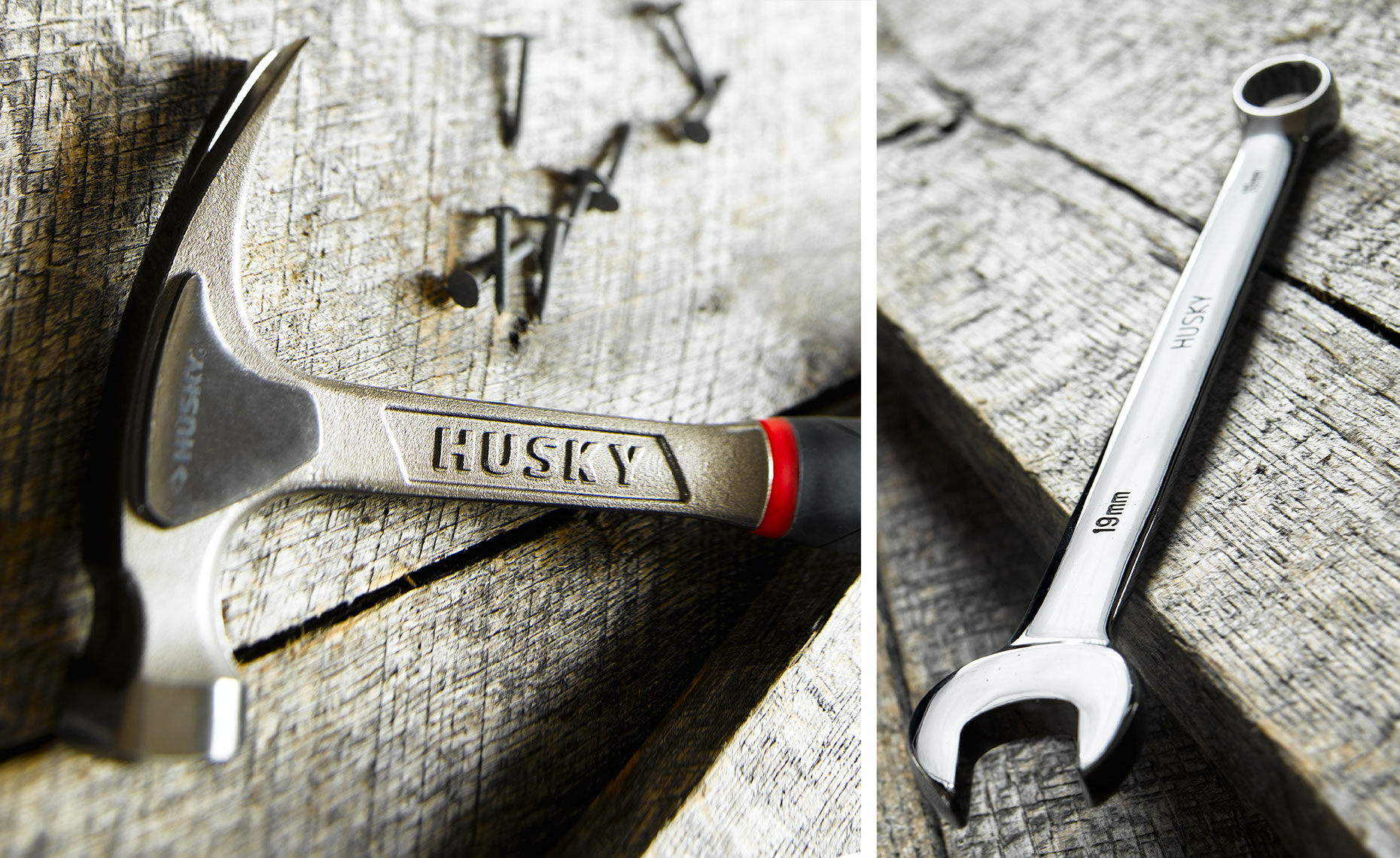 Husky tools on wood background 