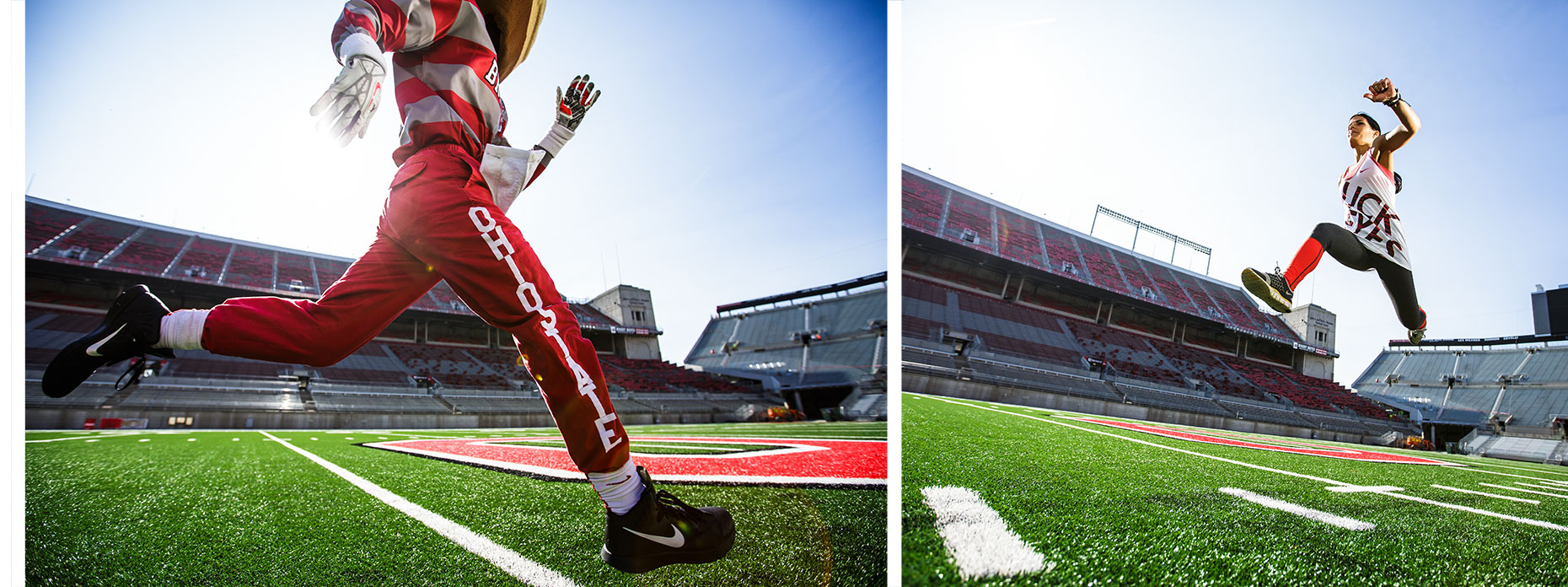 Brutus Buckeye running and girl leaping  on football field